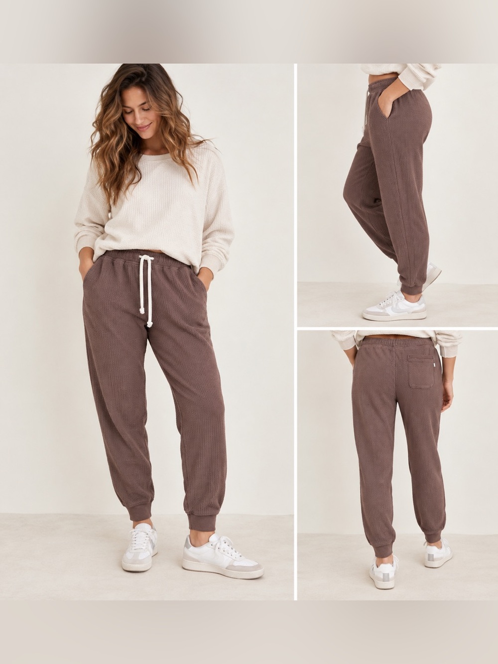 Aerie Waffle Knit Joggers Large Short Brown Drawstring Lounge Pants